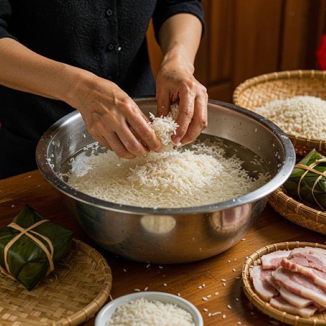 Ngâm và vo sạch gạo nếp