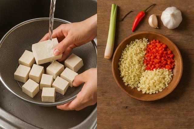 Bước sơ chế các nguyên liệu, đậu hũ, sả, tỏi, ớt