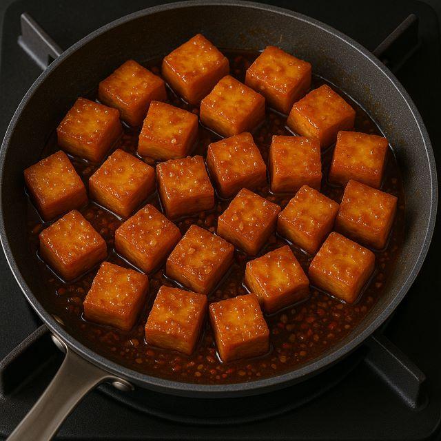 Cho đậu hũ đã chiên giòn vào chảo sốt và trở đều để thấm hai mặt trong vài phút rồi tắt bếp cho ra đĩa