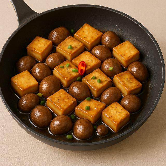 Cho đậu hũ vào chảo nấm rơm vừa xào và kho rồi nêm nếm gia vị vừa ăn