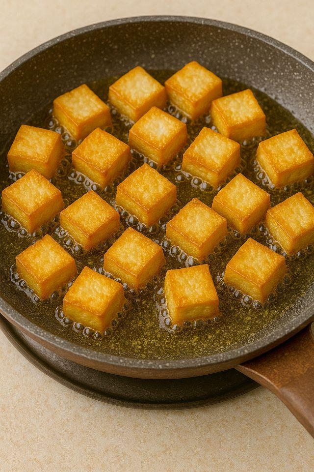 Chiên sơ đậu hũ lại cho giòn