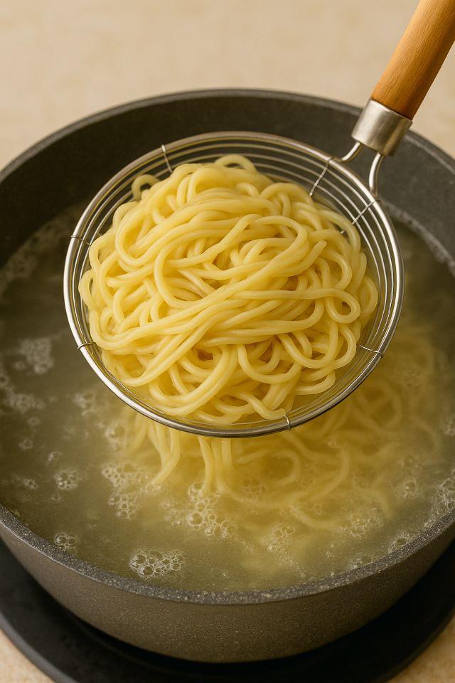 Trụng mì với nước sôi