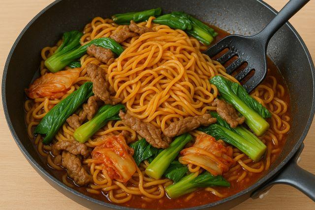 Bước xào mì cùng các nguyên liệu