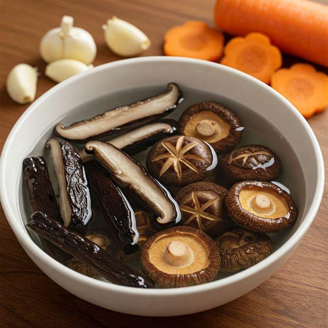 Sơ chớ các nguyên liệu còn lại, nấm, cà rốt, hành, tỏi