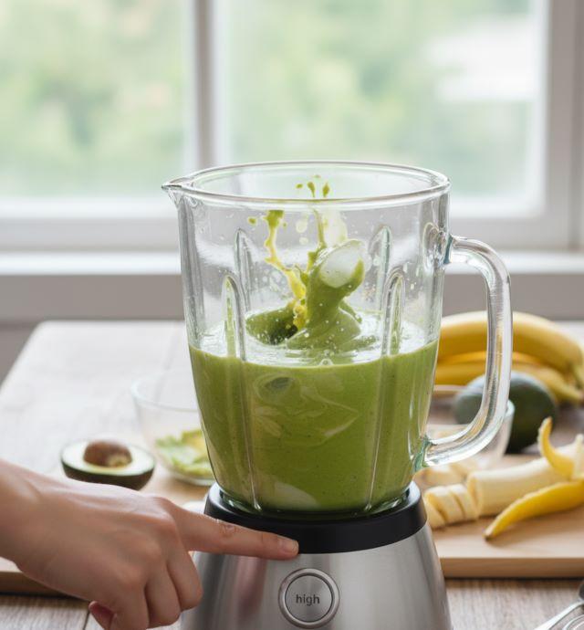 Xay hỗn hợp các nguyên liệu, bơ, chuối, sữa tươi, sữa đặc, đá viên