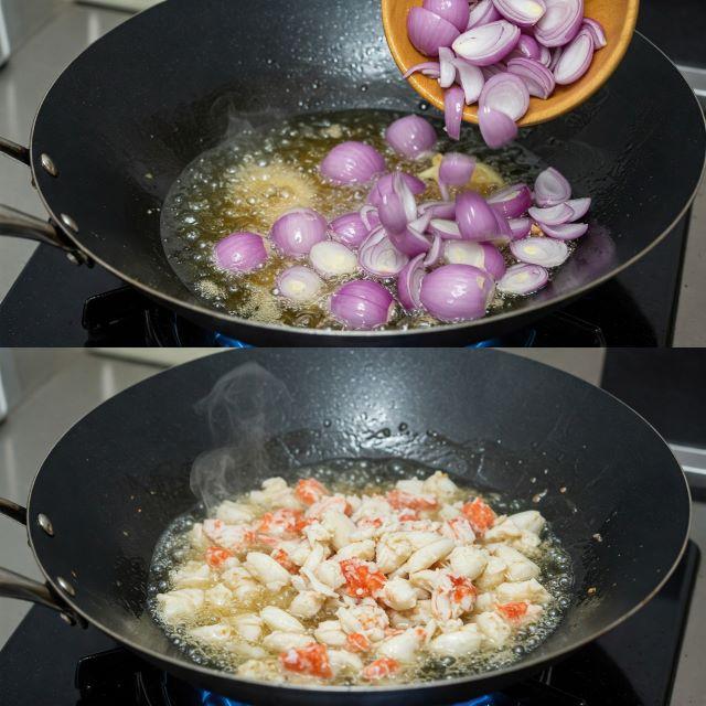 Phi thơm hành sau đó đổ thịt ghẹ vào xào cho thơm trước khi đổ vào nồi nước dùng