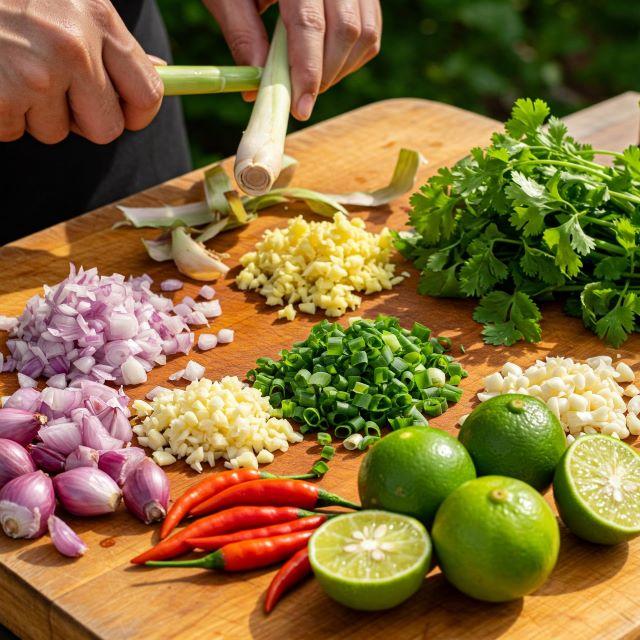 Sơ chế các nguyên liệu còn lại, hành, tỏi, sả, ớt