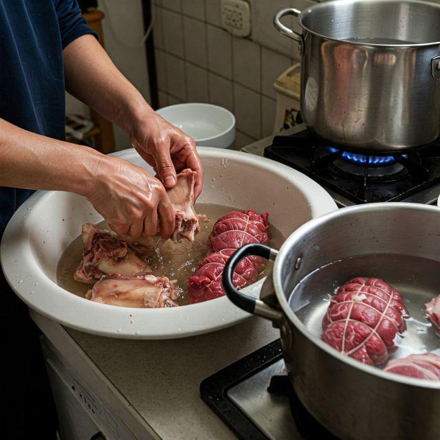 Rửa sạch xương heo và thịt bò sau đó chần qua nước sôi