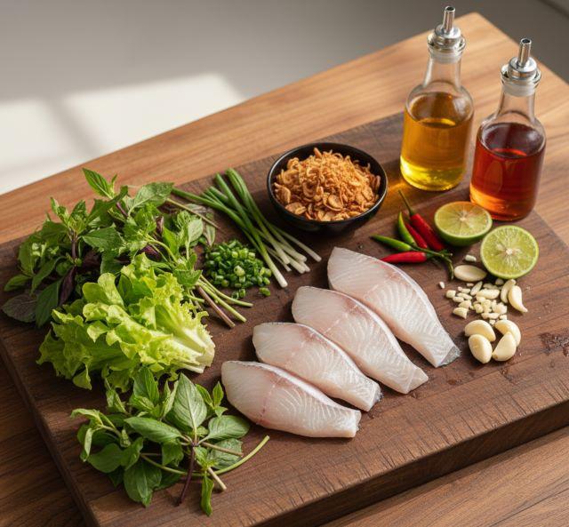 Các nguyên liệu toping ăn kèm và gia vị để nấu bún cá Nha Trang