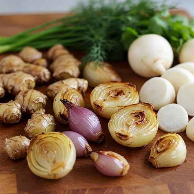 Chuẩn bị và sơ chế các nguyên liệu hành tím, gừng, củ cải,