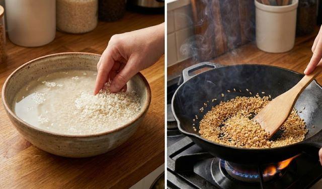 Bước ngâm và rang gạo