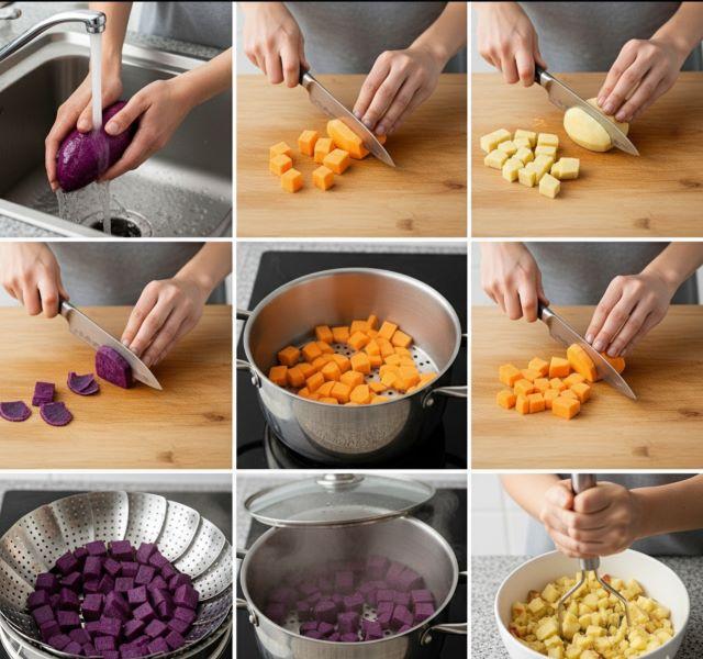 Sơ chế khoai lang (Bạn có thể dùng loại khoai lang mà bạn thích như tím, vàng,...)