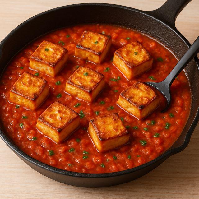 Cho đậu hũ vào chảo sốt cà và rim vài phút để thấm gia vị