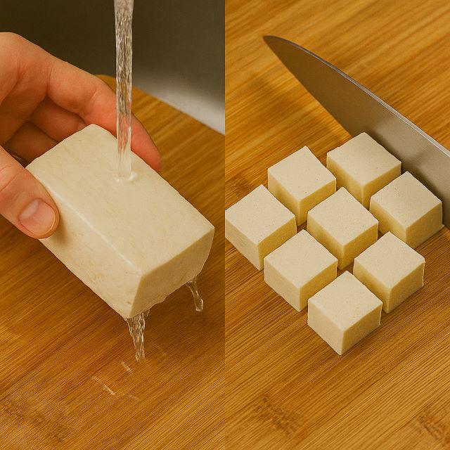 Rửa sạch đậu hũ và cắt thành từng miếng vừa ăn