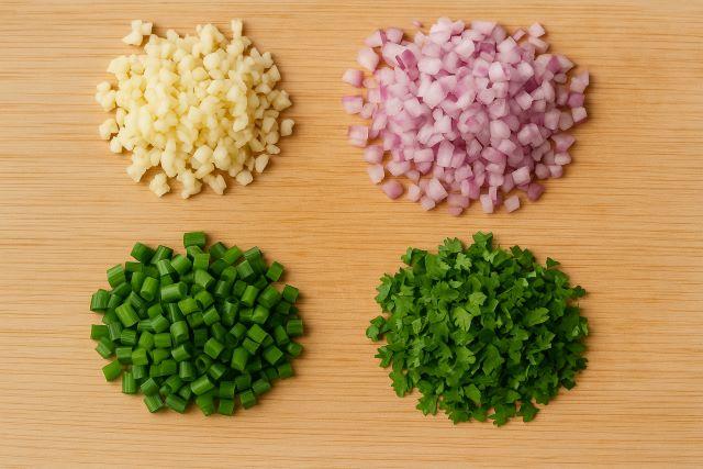 Sơ chế hành tím, tỏi, hành lá và ngò rí