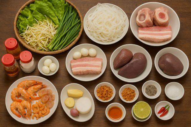 Nguyên liệu để nấu hủ tiếu Nam Vang