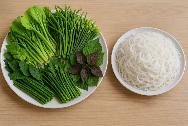 Chuẩn bị bún và các loại rau ăn kèm lẩu dê