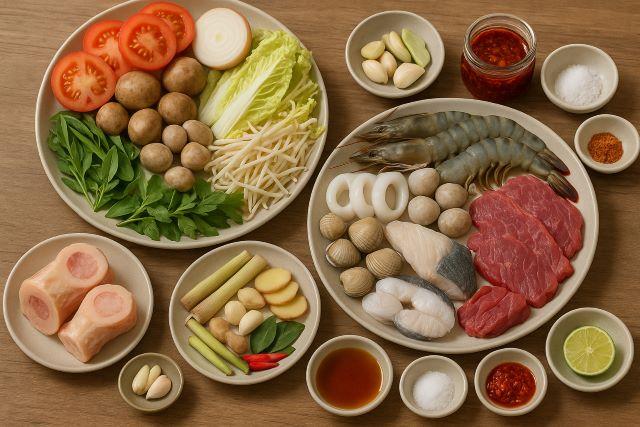 Nguyên liệu để nấu lẩu hải sản (bạn có thể cho thêm các topping mà bạn thích như cua, ghẹ)