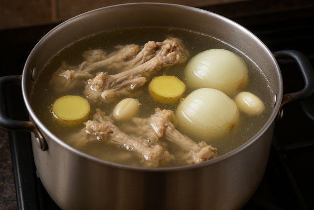 Ninh nồi nước dùng từ xương gà cho món nẩu nấm hải sản