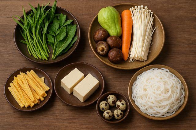 Các rau củ và bún ăn kèm món lẩu vịt ôm sấu