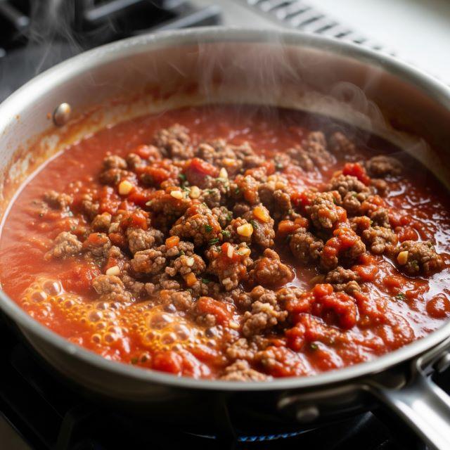 Cho phần thịt bò bằm đã ướp vào phần sốt cà chua vừa làm