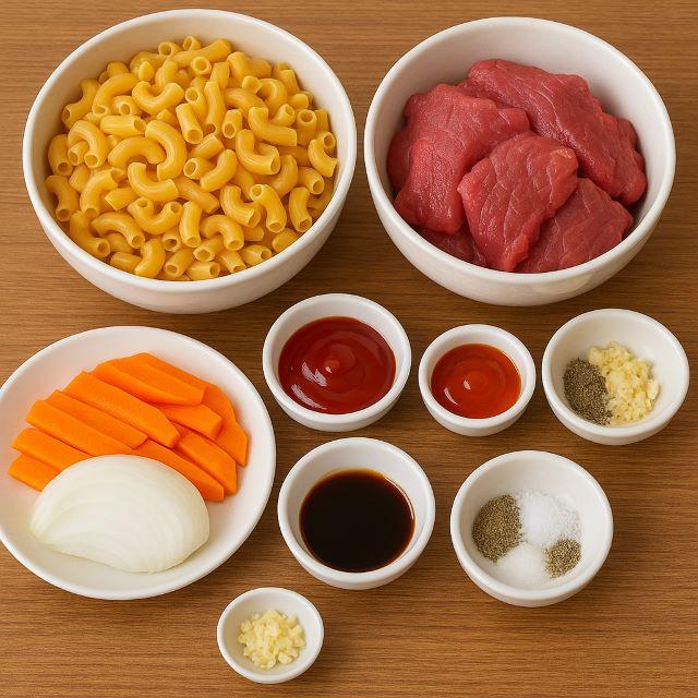 Nguyên liệu để làm món nui xào thịt bò