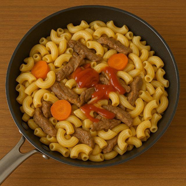 Xào nui với thịt bò